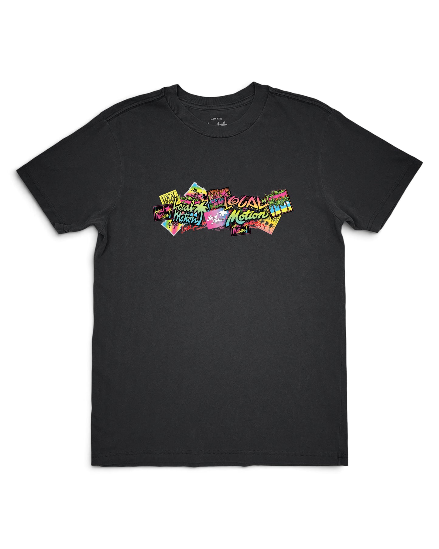 A black short-sleeve crewneck t-shirt featuring a colorful graphic print [graphite black]