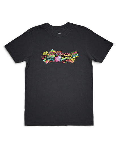 A black short-sleeve crewneck t-shirt featuring a colorful graphic print [graphite black]