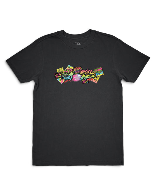 A black short-sleeve crewneck t-shirt featuring a colorful graphic print [graphite black]