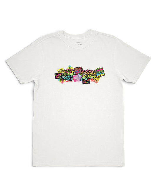 A white short-sleeve crewneck t-shirt featuring a colorful graphic print on the chest in a graffiti-style collage. [vintage white]