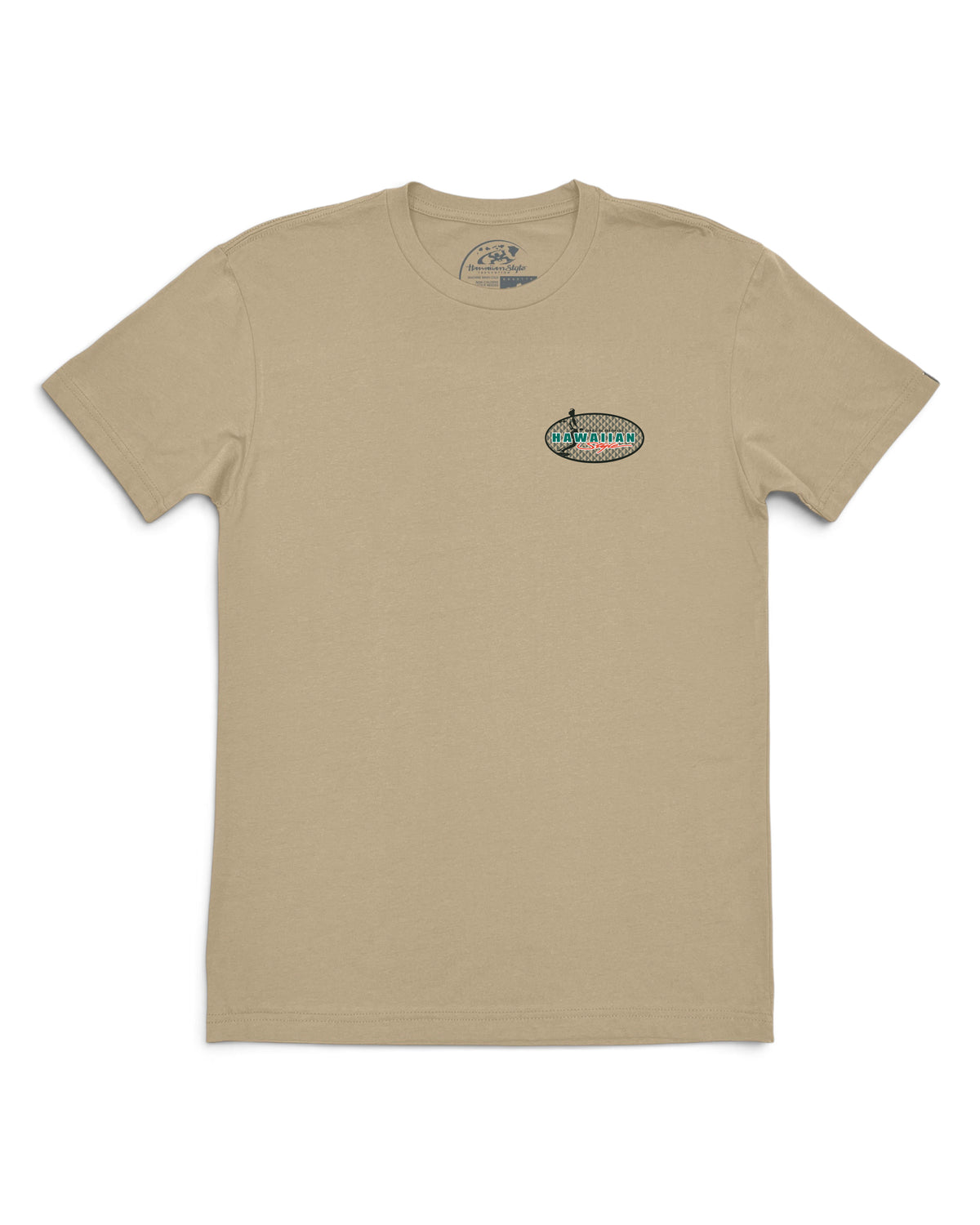 A beige short-sleeve crewneck t-shirt with a small oval graphic on the left chest [tan]