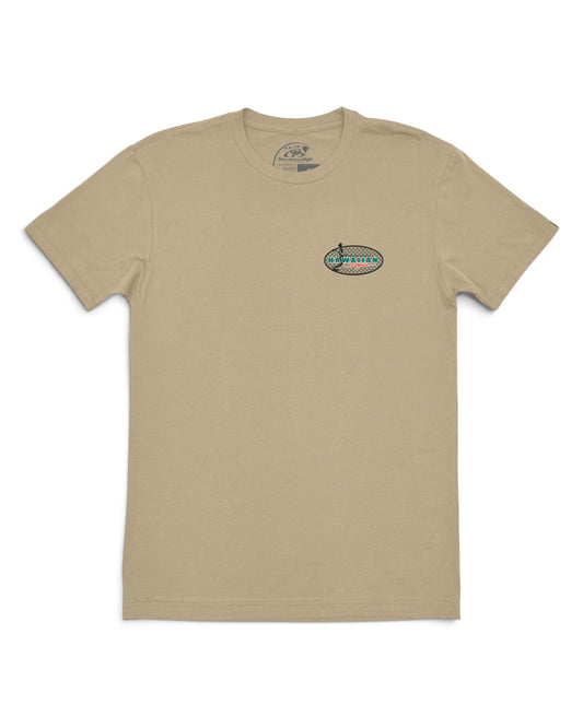 A beige short-sleeve crewneck t-shirt with a small oval graphic on the left chest [tan]