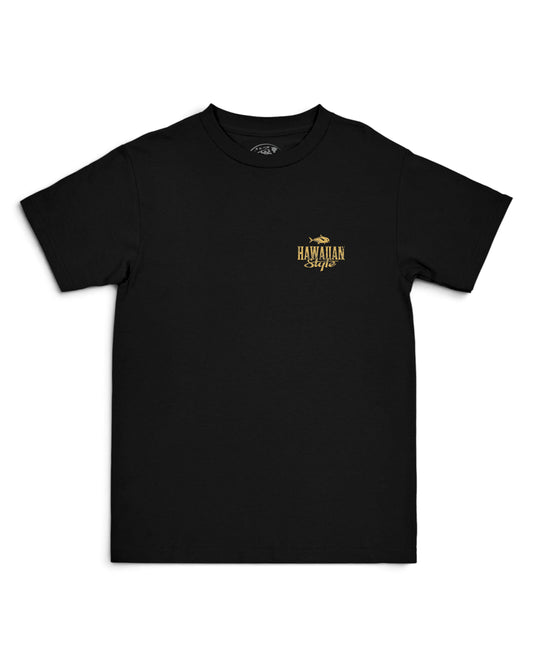 A black short-sleeve crewneck t-shirt with a small graphic on left chest [black]