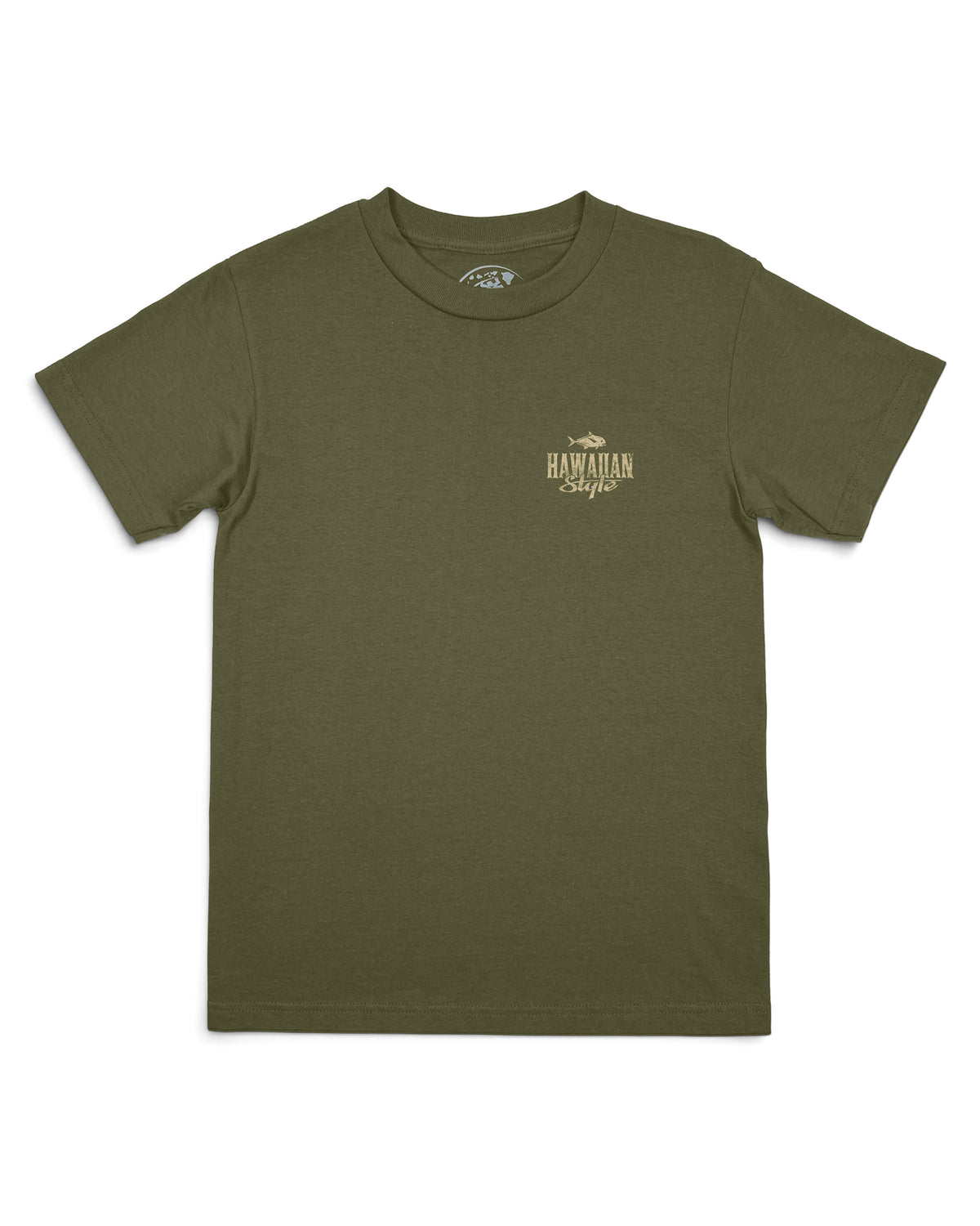 An olive green short-sleeve crewneck t-shirt with a small tan graphic on the left chest [military]