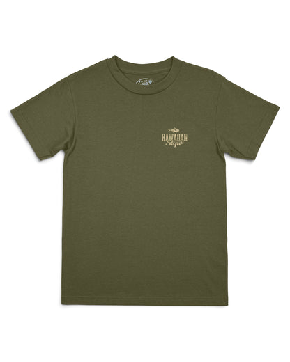 An olive green short-sleeve crewneck t-shirt with a small tan graphic on the left chest [military]