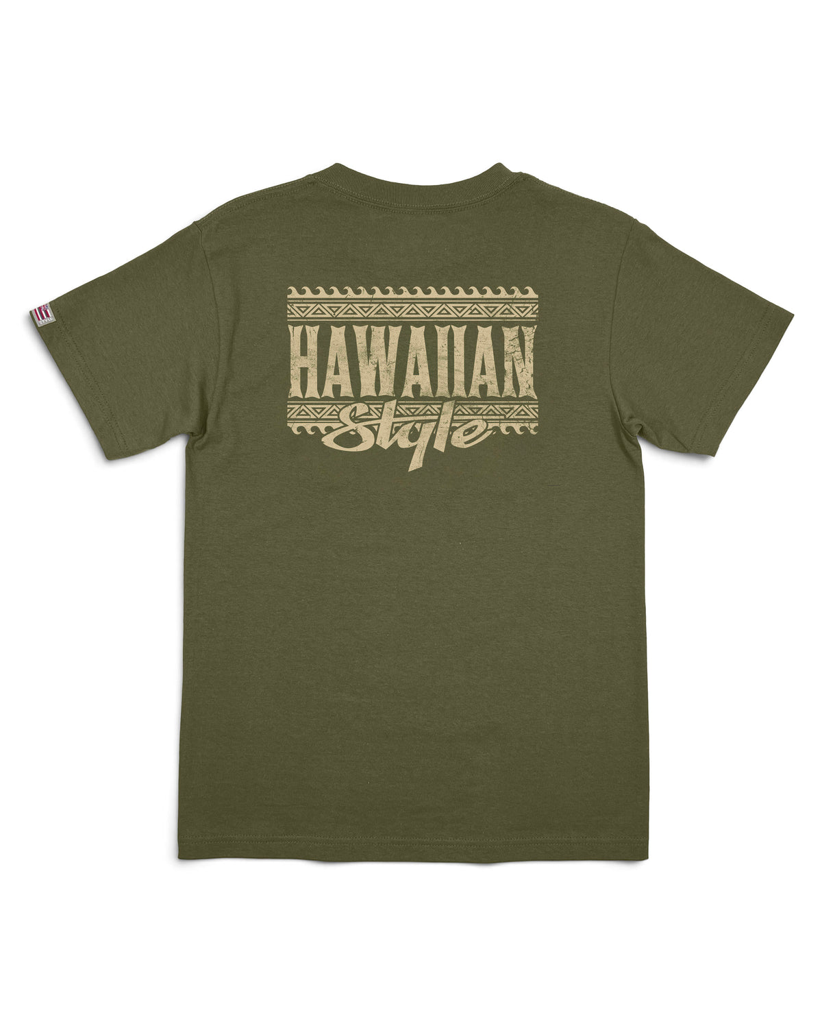 An olive green short-sleeve t-shirt with a distressed tan graphic on the back [military]