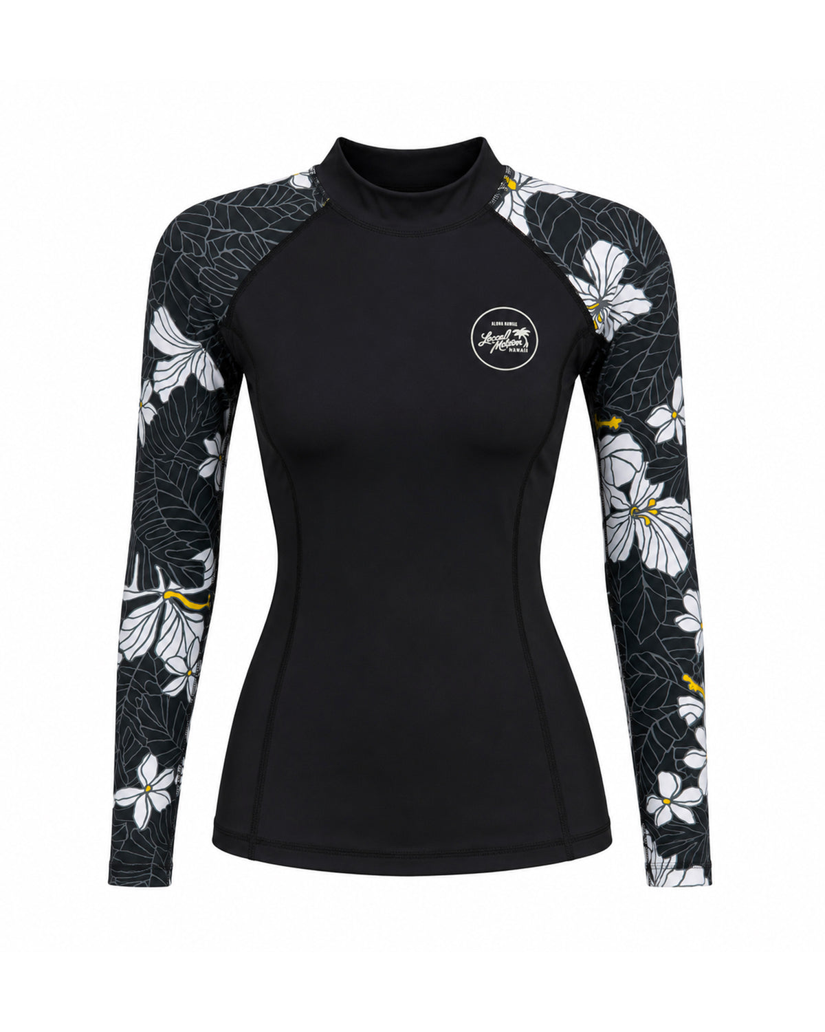 A women's long-sleeve rash guard in black with white floral patterns [black]