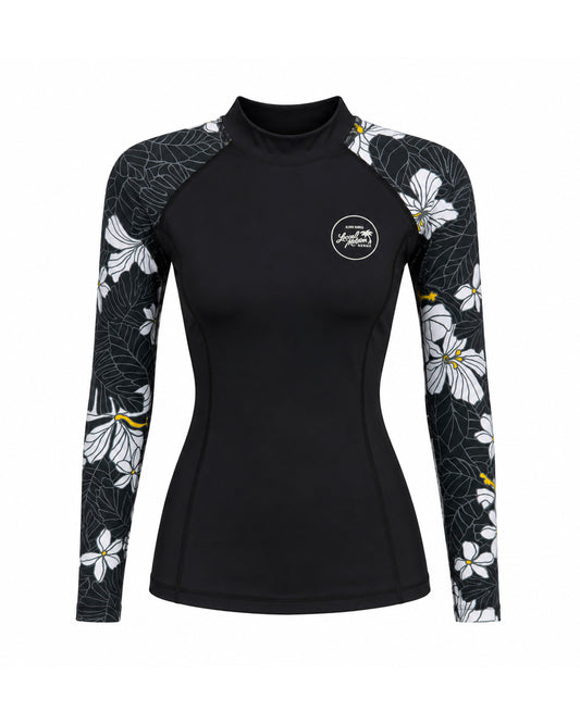 A women's long-sleeve rash guard in black with white floral patterns [black]