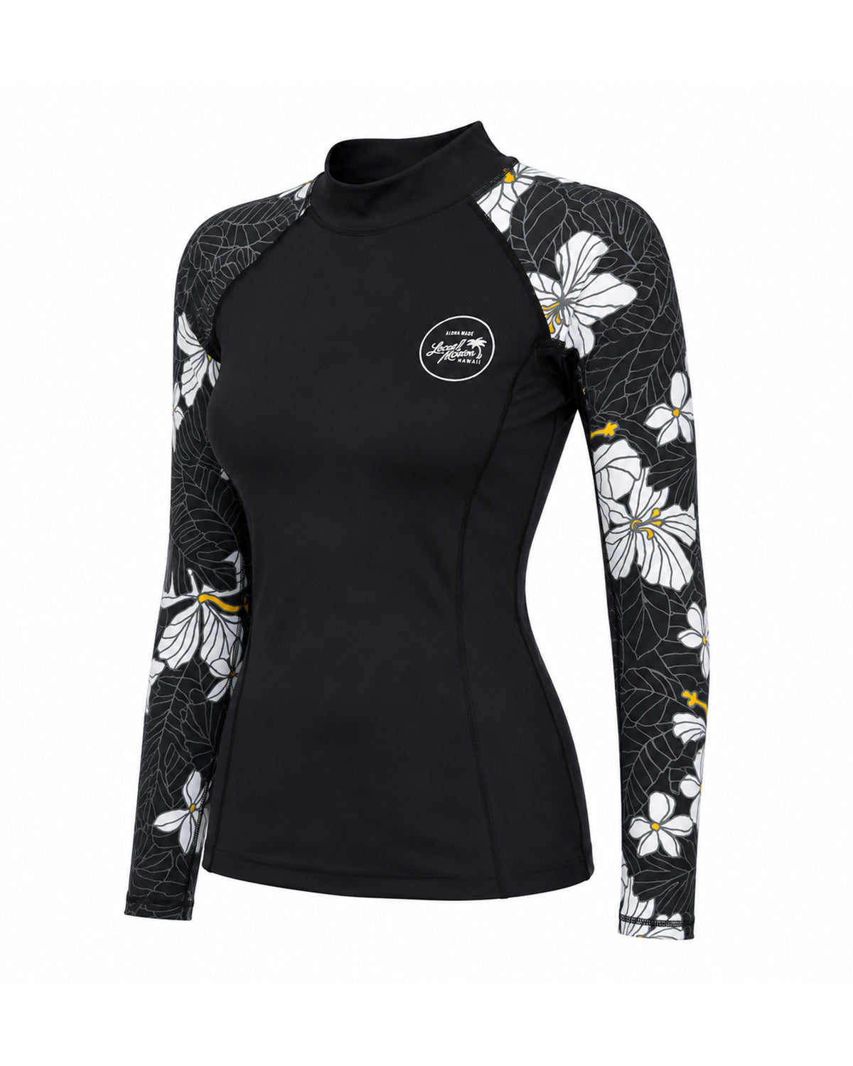 A women's long-sleeve black rash guard with white floral patterns on the sleeves [black]