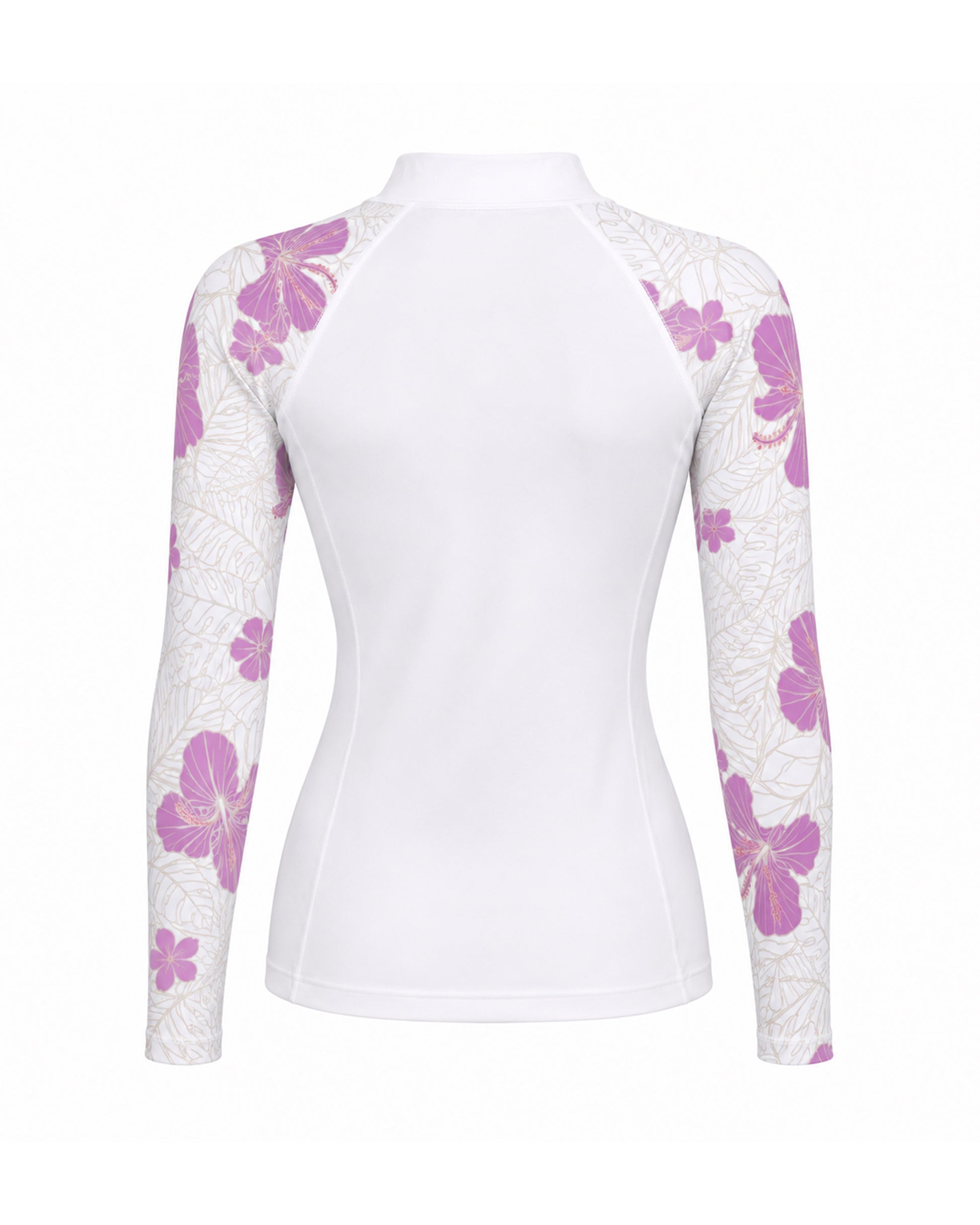 A women's long-sleeve athletic top in white with purple hibiscus floral patterns on the sleeves [white]