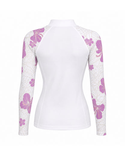 A women's long-sleeve athletic top in white with purple hibiscus floral patterns on the sleeves [white]