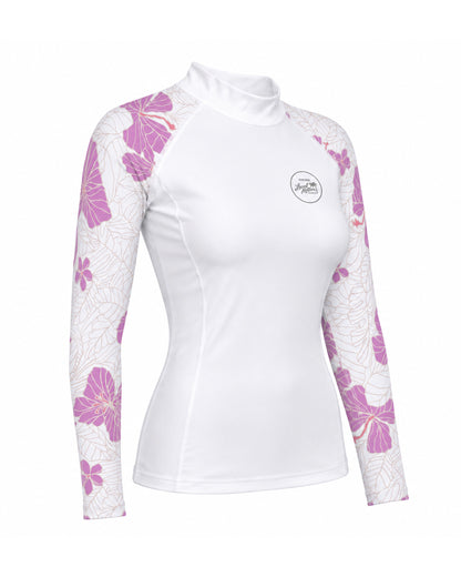 A women's long-sleeve athletic top in white with purple hibiscus floral patterns on the sleeves and upper chest [white]