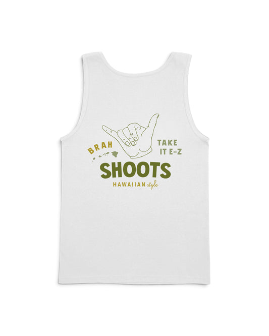 Shoots hands on back of shirt [white]