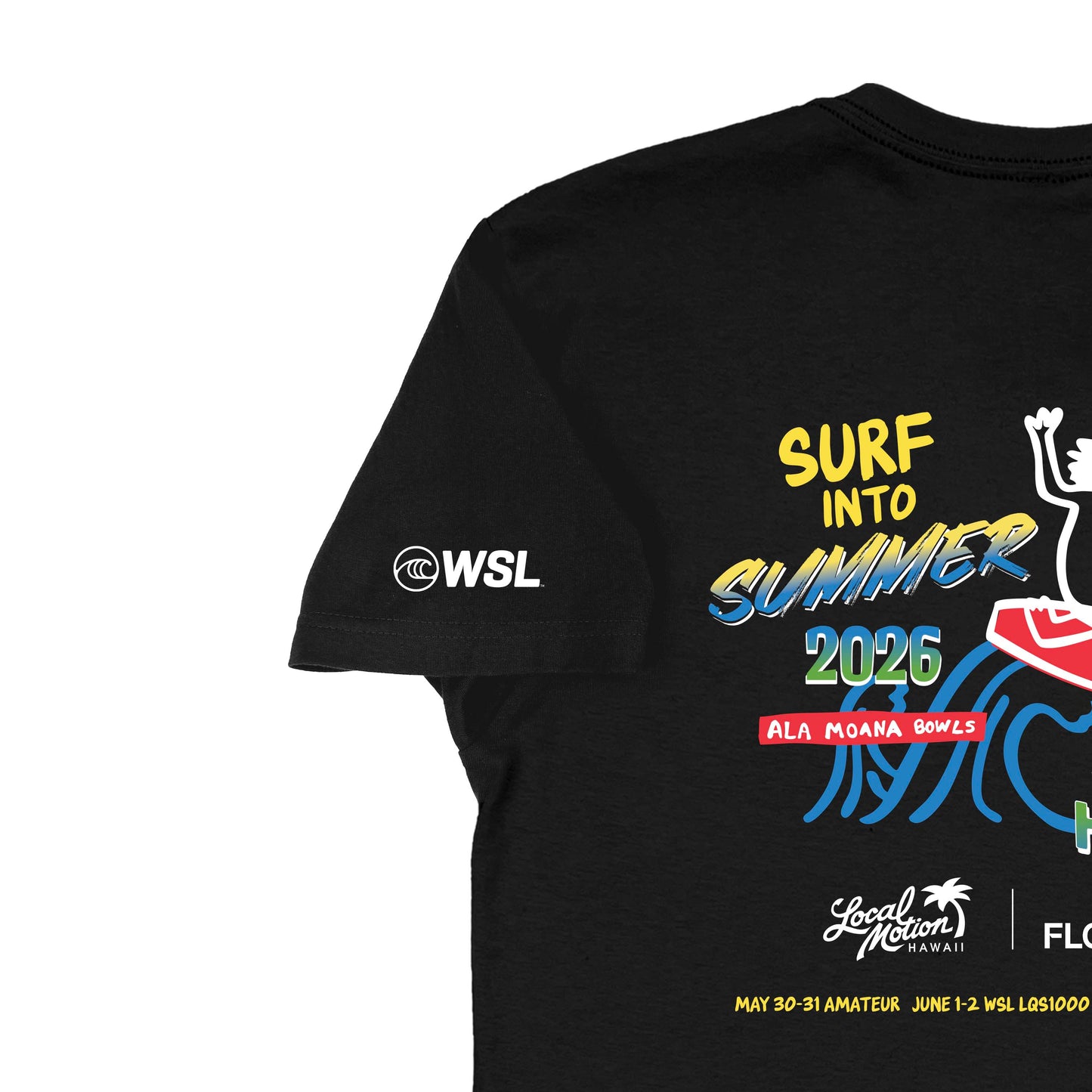 SURF INTO SUMMER '26 TEE in Black - left sleeve detail