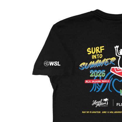 SURF INTO SUMMER '26 TEE in Black - left sleeve detail