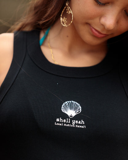 Close-up of a woman wearing a black ribbed tank top [black]
