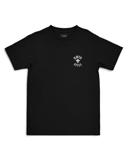 A black short-sleeve crewneck t-shirt with a small white graphic on the left chest [black]
