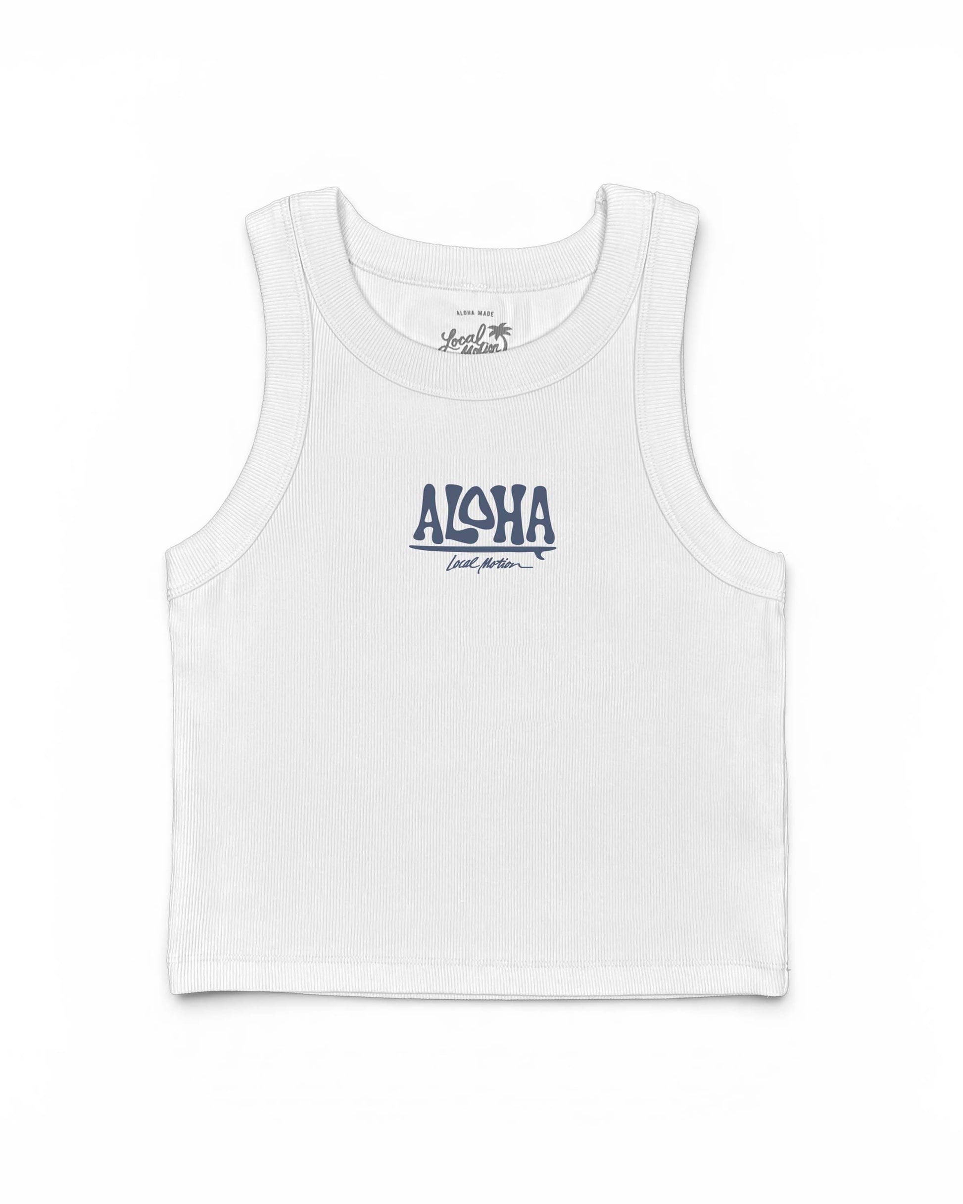 Surf Aloha Rib Crop Tank in White