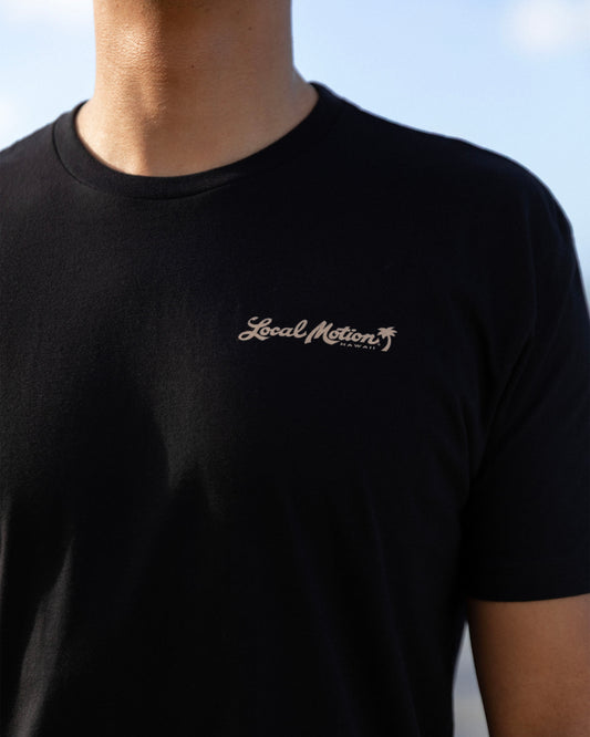 A close-up of a person wearing a black short-sleeve crewneck t-shirt [black]