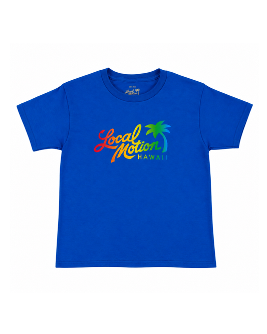 A colorful graphic print rainbow logo on front of shirt [blue]