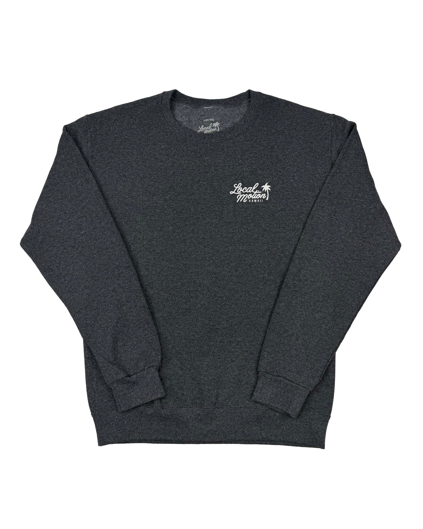 A dark heather gray crewneck sweatshirt with a small white embroidered logo on the left chest, displayed flat against a plain white background.