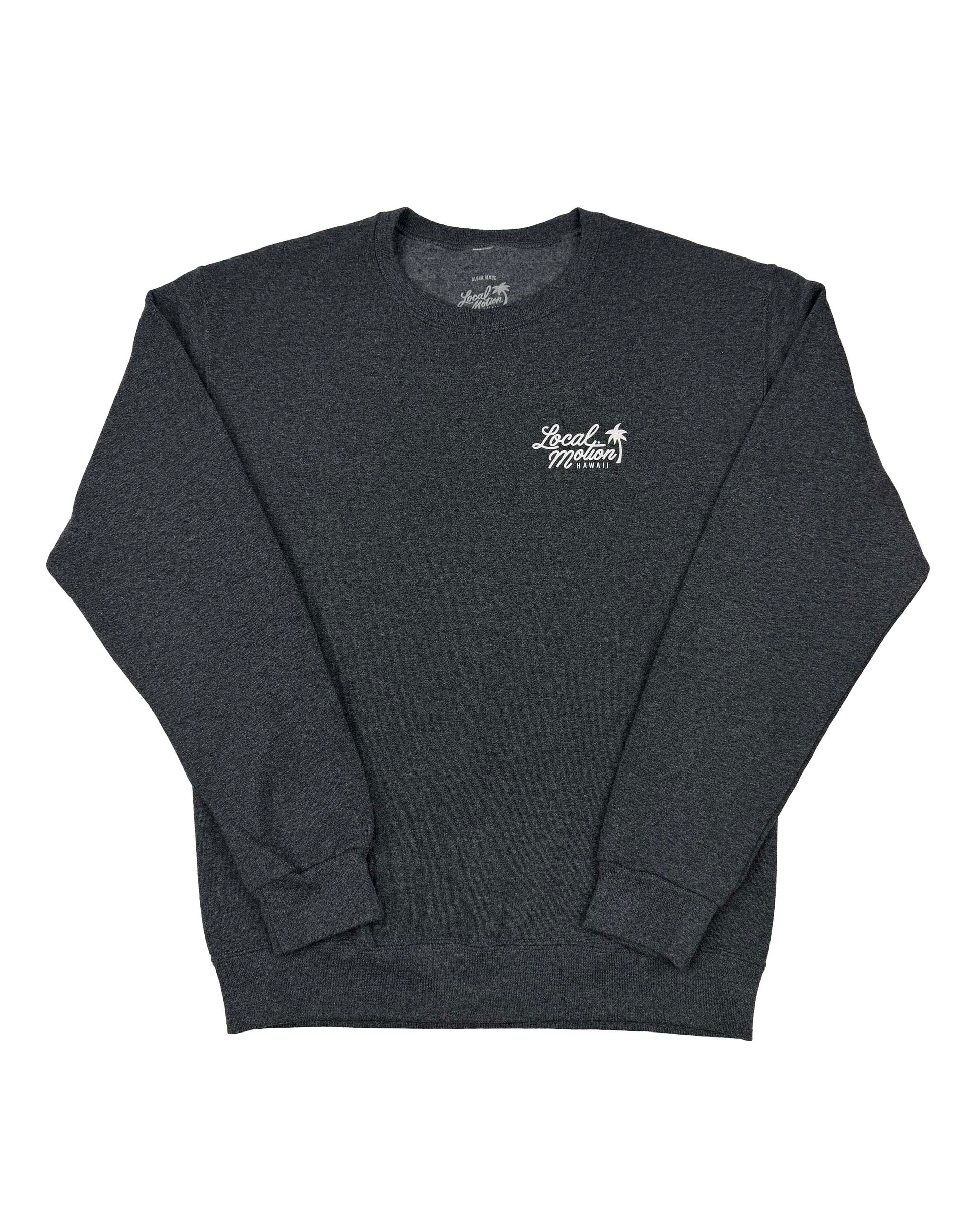 A dark heather gray crewneck sweatshirt with a small white embroidered logo on the left chest, displayed flat against a plain white background.