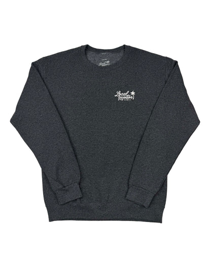 A dark heather gray crewneck sweatshirt with a small white embroidered logo on the left chest, displayed flat against a plain white background.